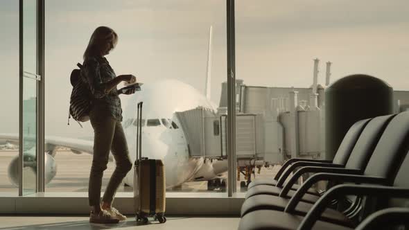 Silhouette of a Woman with Boarding Documents Standing at the Terminal Window