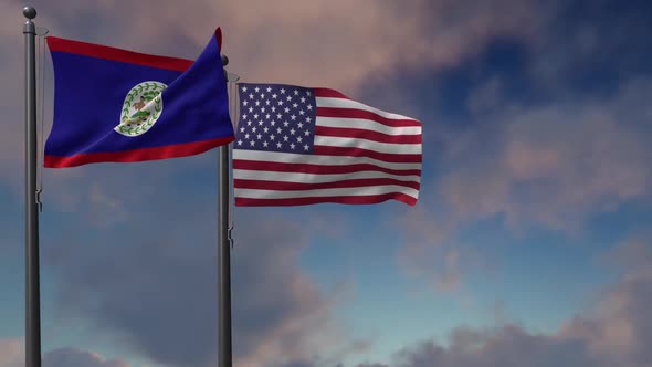 Belize Flag Waving Along With The National Flag Of The USA - 2K