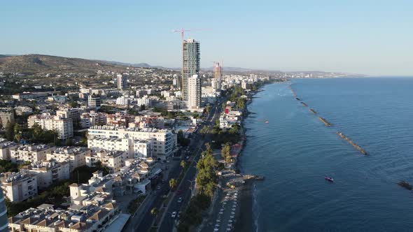 Embankment of Limassol in Cyprus. Modern architecture and old town. Skyscrapers