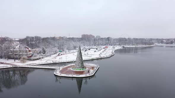 Aerial: The Christmas tree on the Upper Lake in the wintertime