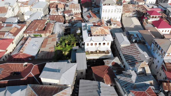 Aerial View of Stone Town Zanzibar City Slum Roofs and Poor Streets Africa