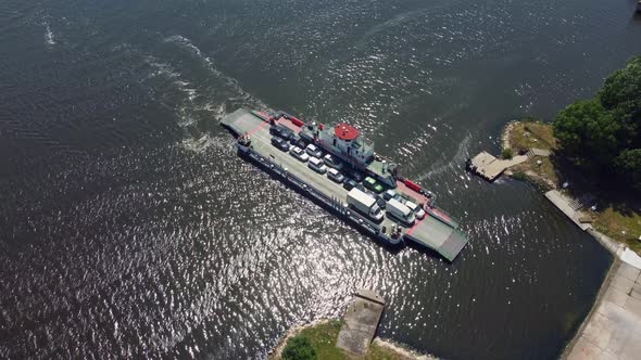 Aerial View of Ferry Boat Transport Cars in the River