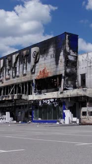 Vertical Video of a Burnt Shopping Center During the War in Bucha Ukraine