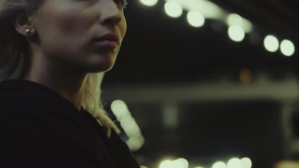 Woman Face Night City Looking Thoughtfully in Urban Background