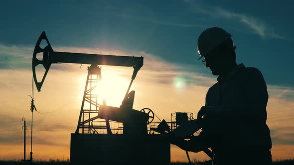 Silhouette of an Oil Industry Worker with a Laptop in an Oil Field