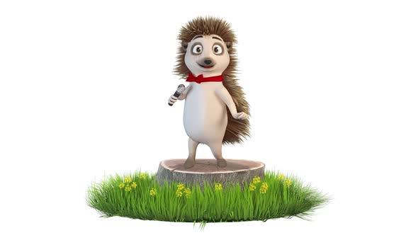 Hedgehog Sings With A Microphone On A Stump on White Background