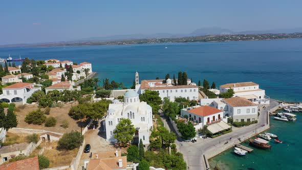 Aerial View of Spetses Old Town and Marina or Seaport Greece  Drone Videography