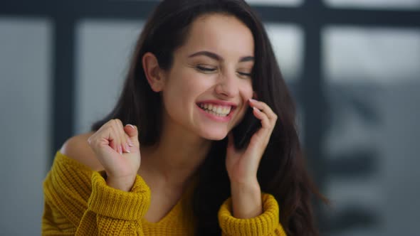 Cheerful Girl Laughing Cellphone at Workplace. Relaxed Business Woman Smiling