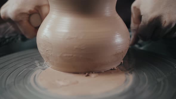 Close Up of Potter Clay Wheel Pottery Workshop Woman Making Diy Pot to Sale in Ecommerce Store Home
