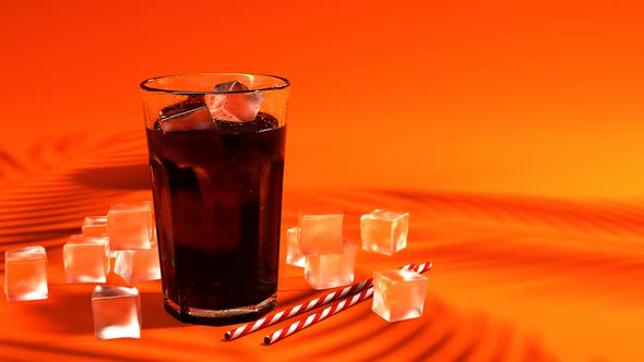 A glass of ice-cold cola. Soda with ice cubes and straws. Summer refreshment.