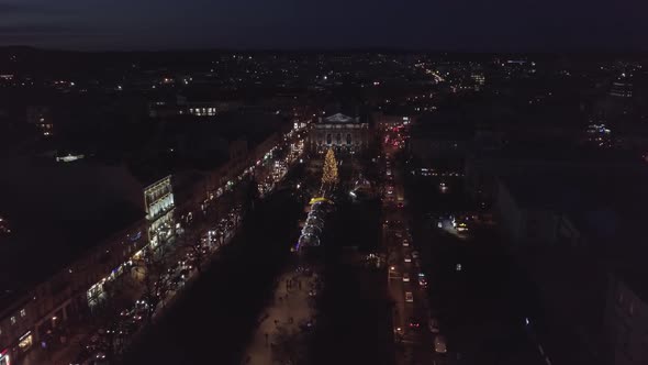 Christmas Tree Fair Market Aerial View in City Center at Winter New Year 2021 in Lviv Ukraine