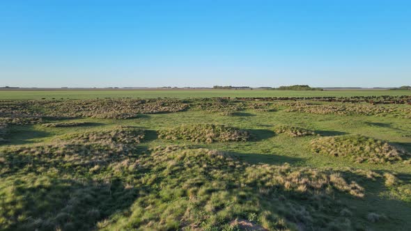 Field and grassy sand dunes, La Pampa, Argentina, wide forward aerial