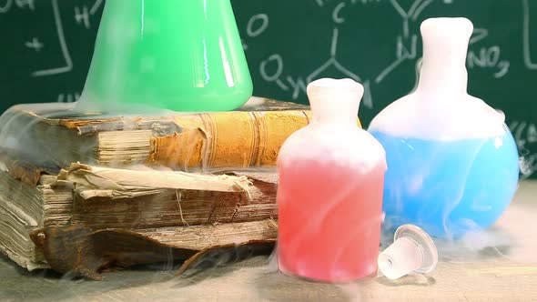 Chemical reaction in beakers, laboratory school