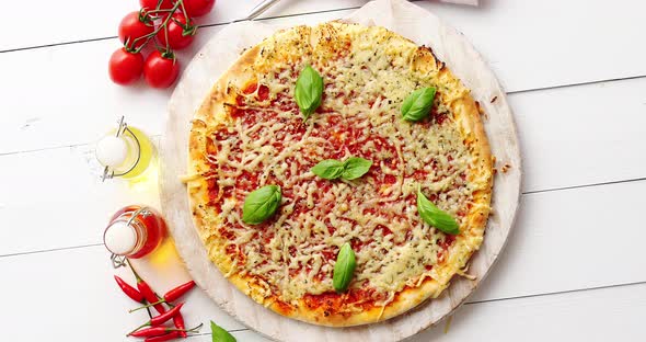 Delicious Italian Pizza Served on Wooden Table, Shot From Above