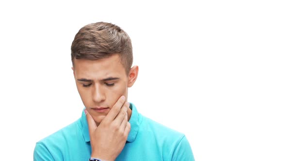 Man Thinking Pointing Finger at Camera Nodding Over White Background Slow Motion