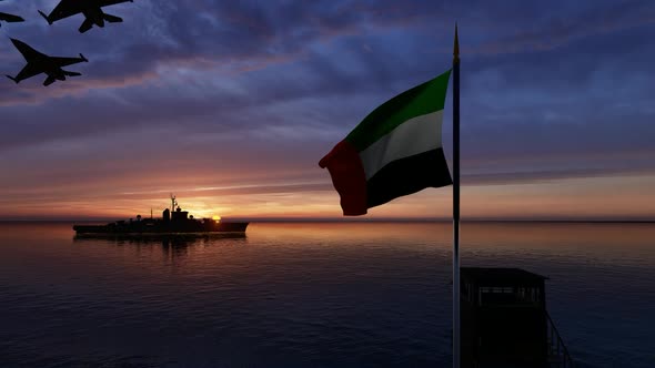 UAE Flag Waving Warship and Flying Warplanes