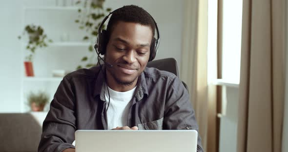 Portrait of Smiling African American Guy Student Black Friendly Happy Man Wears Head Microphone