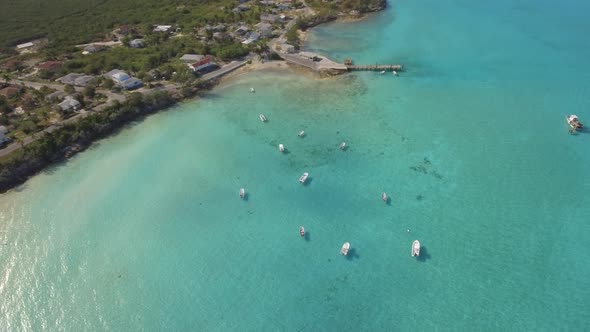 Aerial drone view of a fishing motor boat in the Bahamas, Caribbean. 