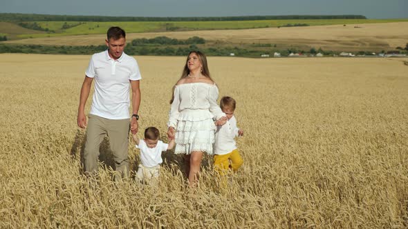 Family with Small Children Walks in Wheat Field in Summer