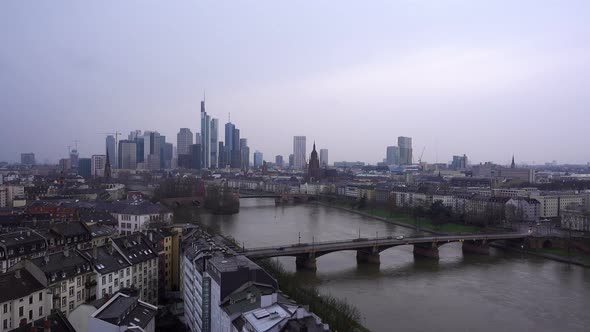 Frankfurt Germany Maine River And Business Towers In Snowy Day 