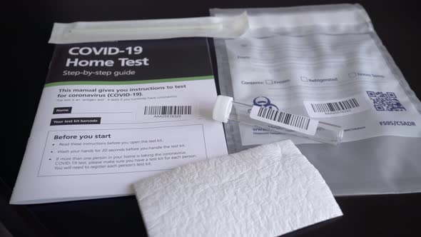 Covid-19 Coronavirus test kit with equipment needed to make a self test swab test