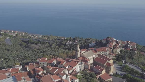 Cipressa in Liguria, Italy. Historic town village in Imperia aerial view, Mediterranean sea