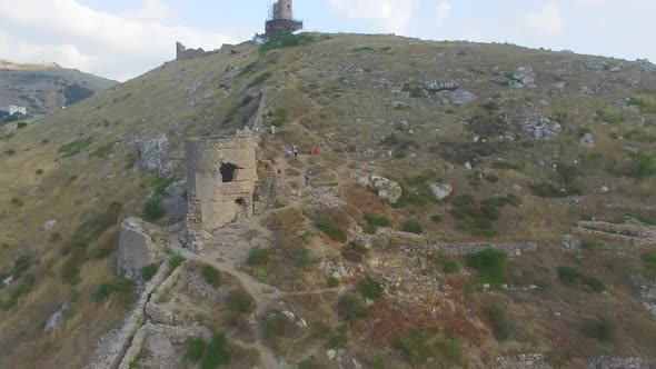 Drone View of the Steep Cliffs and the Remains of a Destroyed Fortress