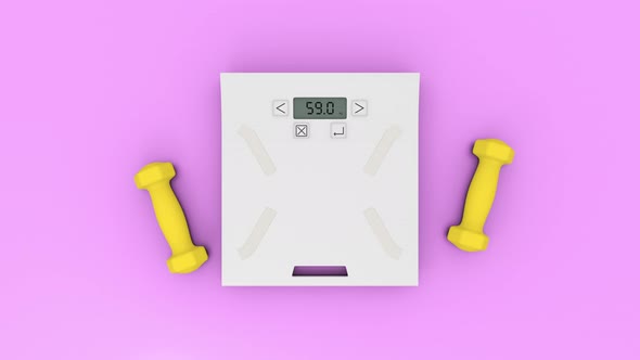 Weighing Scale with Two Yellow Dumbbells on the Pink Flat Layer Background