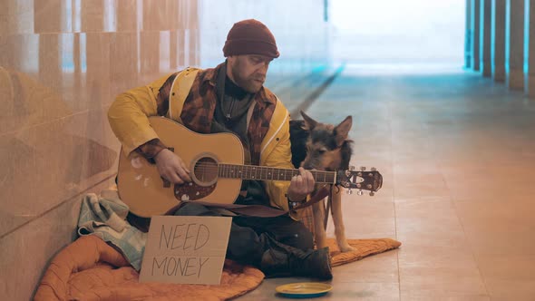 A Homeless Man is Playing the Guitar with a Dog Next to Him