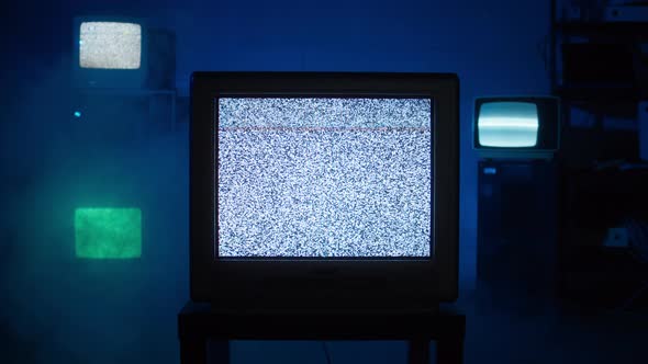 Retro Old Televisions on Blue Neon Background