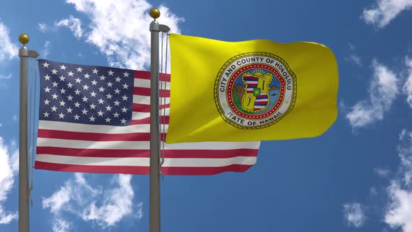 Usa Flag Vs Honolulu City Flag Hawaii  On Flagpole