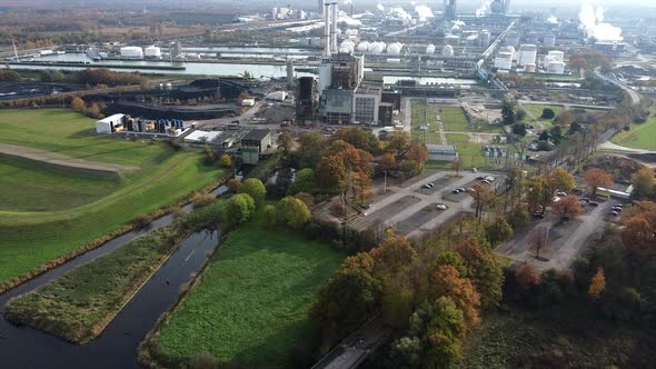 Aerial slow forward showing, german chemical plant area,steady shot