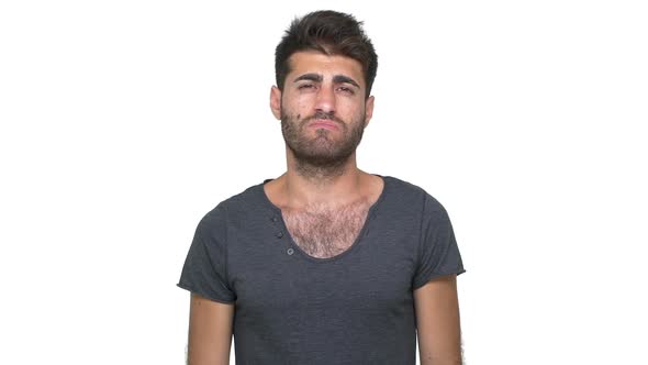 Exhausted Guy with Bristles Wearing Grey Tshirt Feeling Tired Expressing Boredom Fed Up with