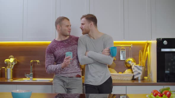 Loving Same Sex Male Couple Bonding in Kitchen