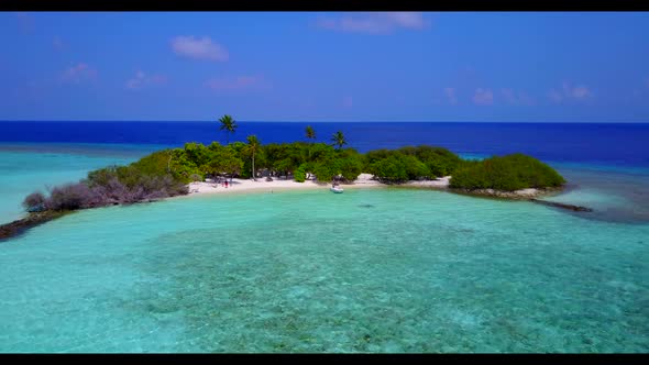 Aerial above scenery of paradise seashore beach trip by transparent sea and clean sandy background o