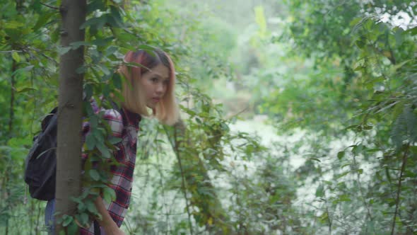 Hiker Asian backpacker woman on hiking adventure feeling freedom walking in forest.