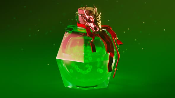 Vitreous bottle of a magic elixir. Green potion in a decorative fantasy vial.