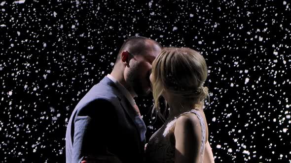 A Loving Couple Kissing Tenderly Against the Background of Falling Snow. Love Story, First Snow