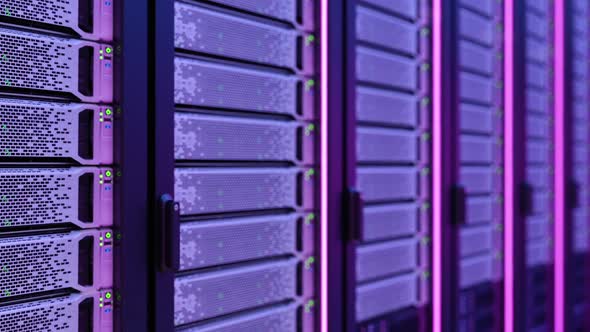 Close-up Of Server Room With Purple Lights