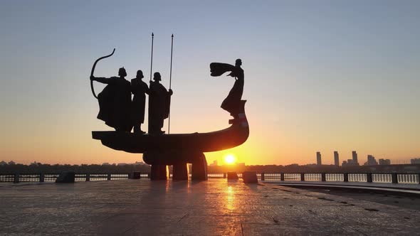 Kyiv, Ukraine - a Monument To the Founders of the City in the Morning at Dawn. Aerial
