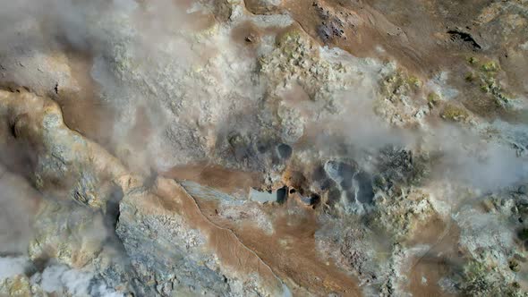 Drone flying over Iceland Geothermal hot springs and steam vents