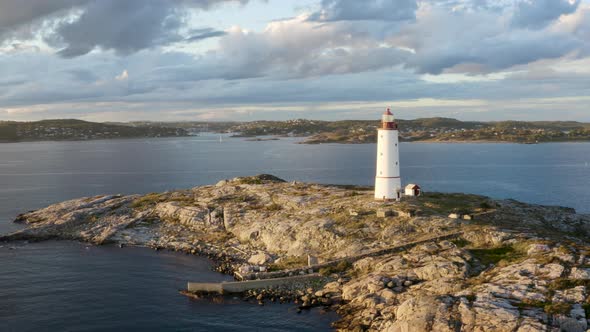 Aerial View Of Lille Torungen Lighthouse With Seascape Near Arendal In Agder County, Norway.