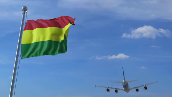 Airplane Flies Over Waving Flag of Bolivia alt