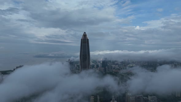 Aerial footage of Exterior of modern office building of ping an finance center in shenzhen city,Chin