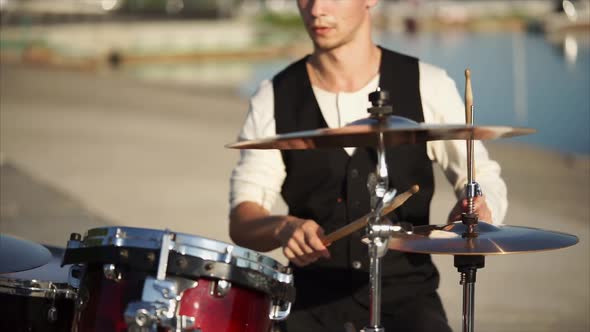 Professional Drummer Playing Music Outdoor