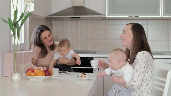 2 mothers with babies drink tea at home and chat. Friendly meeting, guests