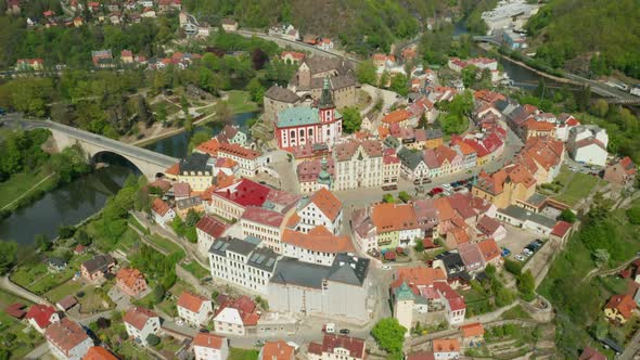 Aerial View of Loket Castle, Surrounded By River Ohri, Czech Republic