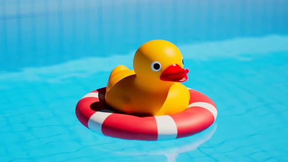 Yellow rubber duck on life ring floating in the beautifull swimming pool.