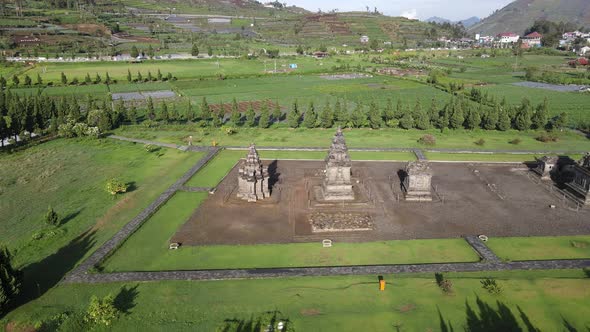 Aerial view of arjuna temple complex at Dieng Plateau.