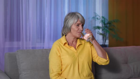 Water Balance in Body Close Up Thirsty Smiling Elderly Woman with Glass Drinks Clean Mineral Natural